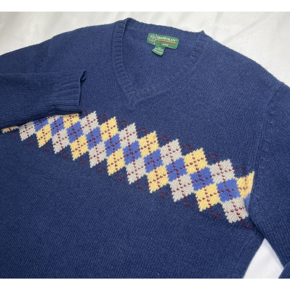 Vintage Grand Slam Sweater Men’s Size L Blue Wool Argyle Grandpa Woolmark READ**